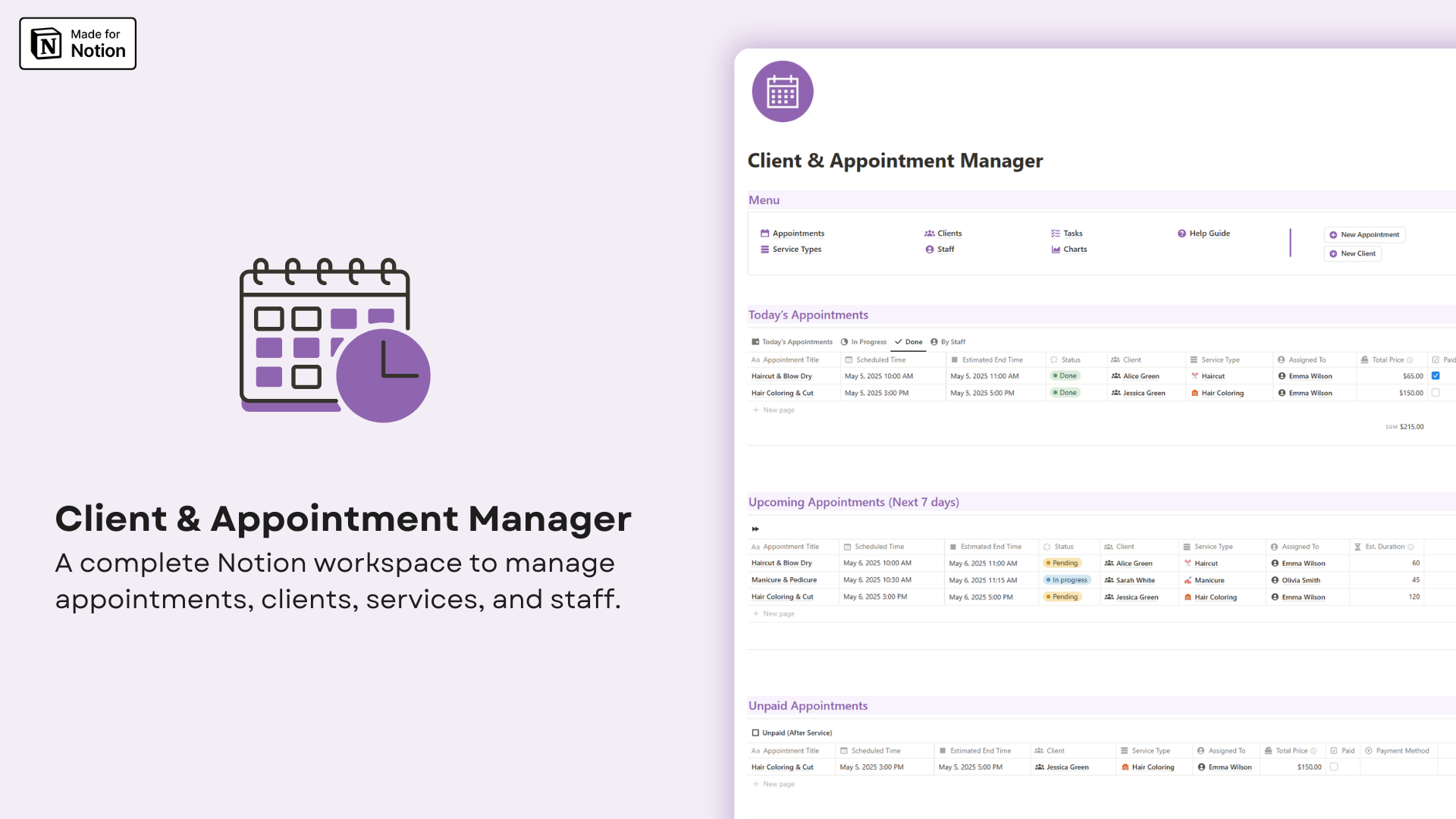 CRM Client and Appointments Manager Notion template
