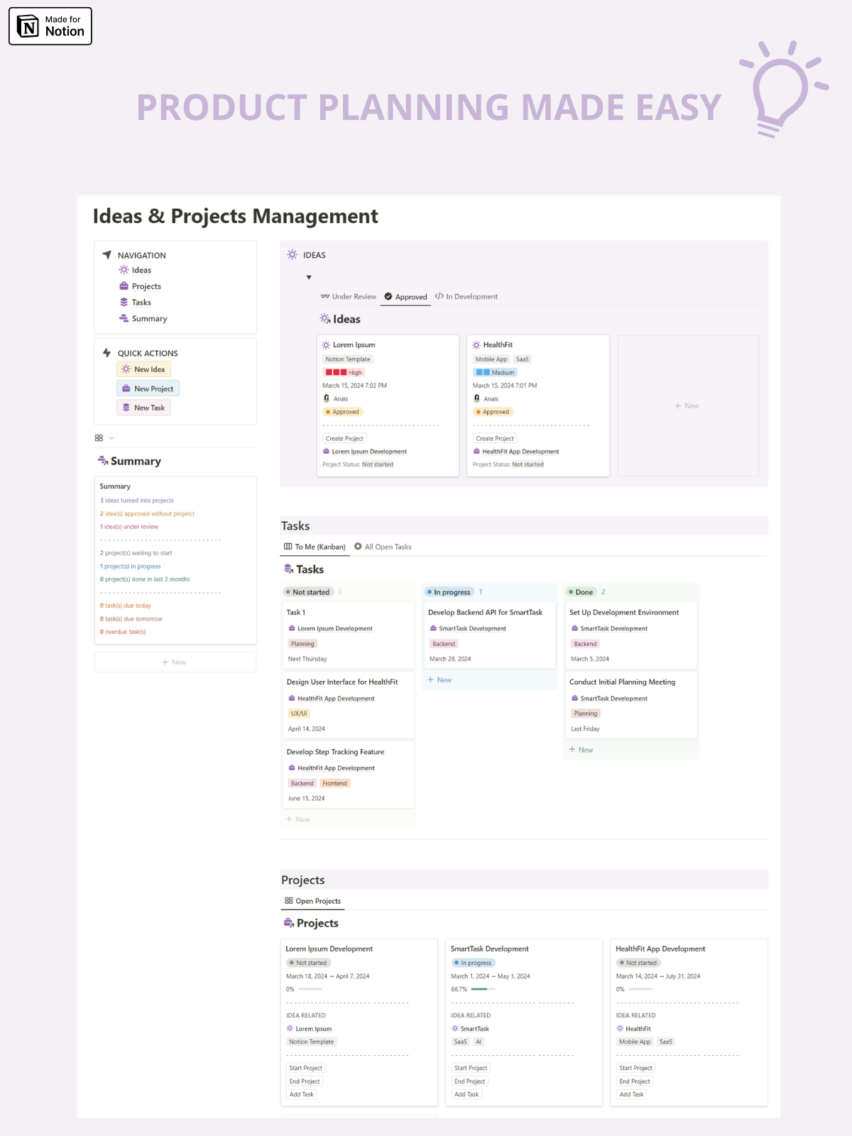 Ideas, Projects and Tasks management (Notion template)