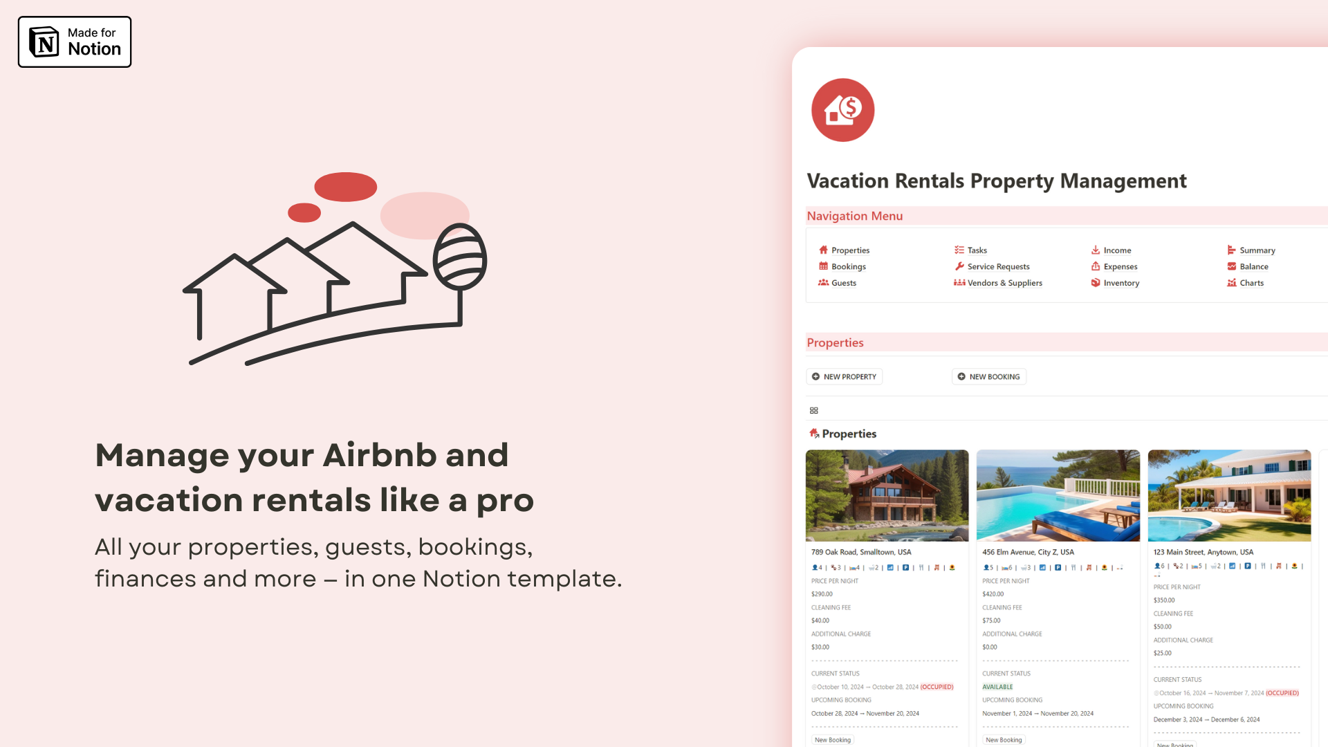 airbnb and vacation rentals properties management notion template