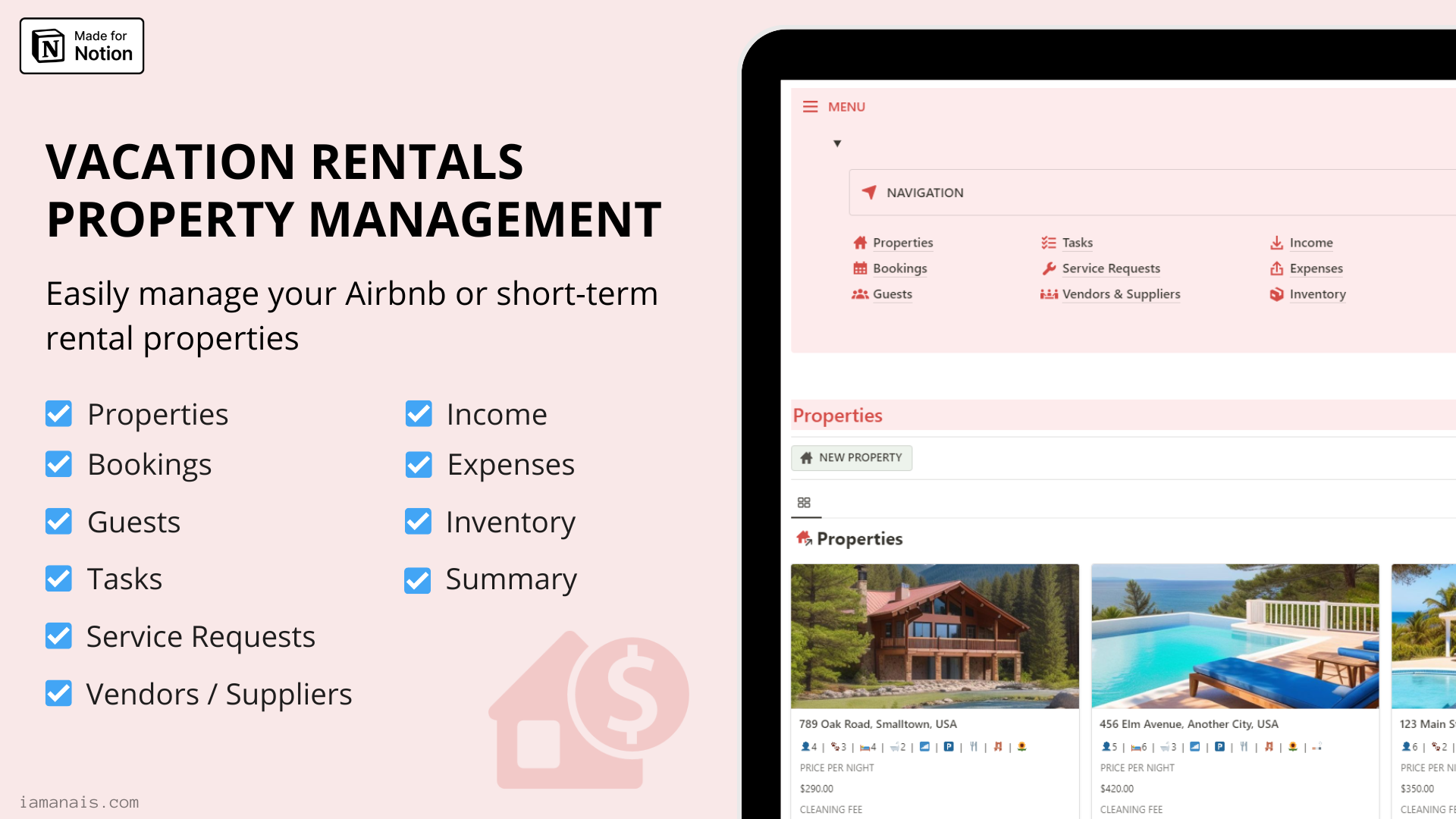 Vacation rentals property management (Notion Template)