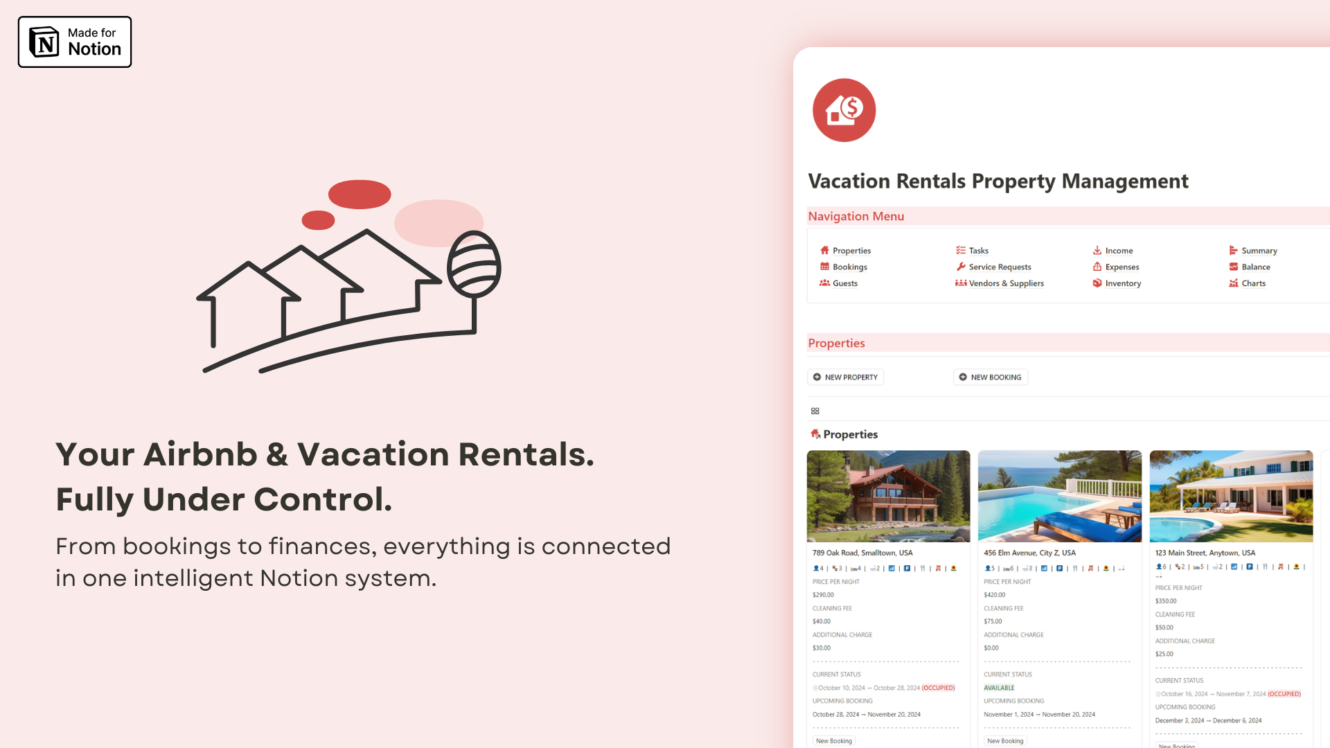 airbnb and vacation rentals properties management notion template
