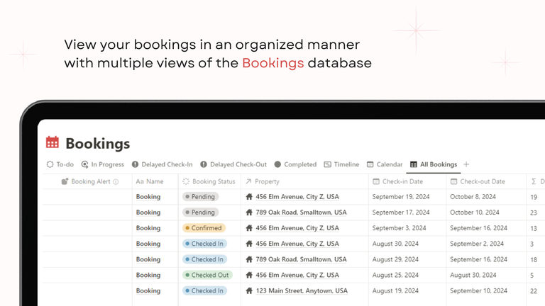 Bookings data table