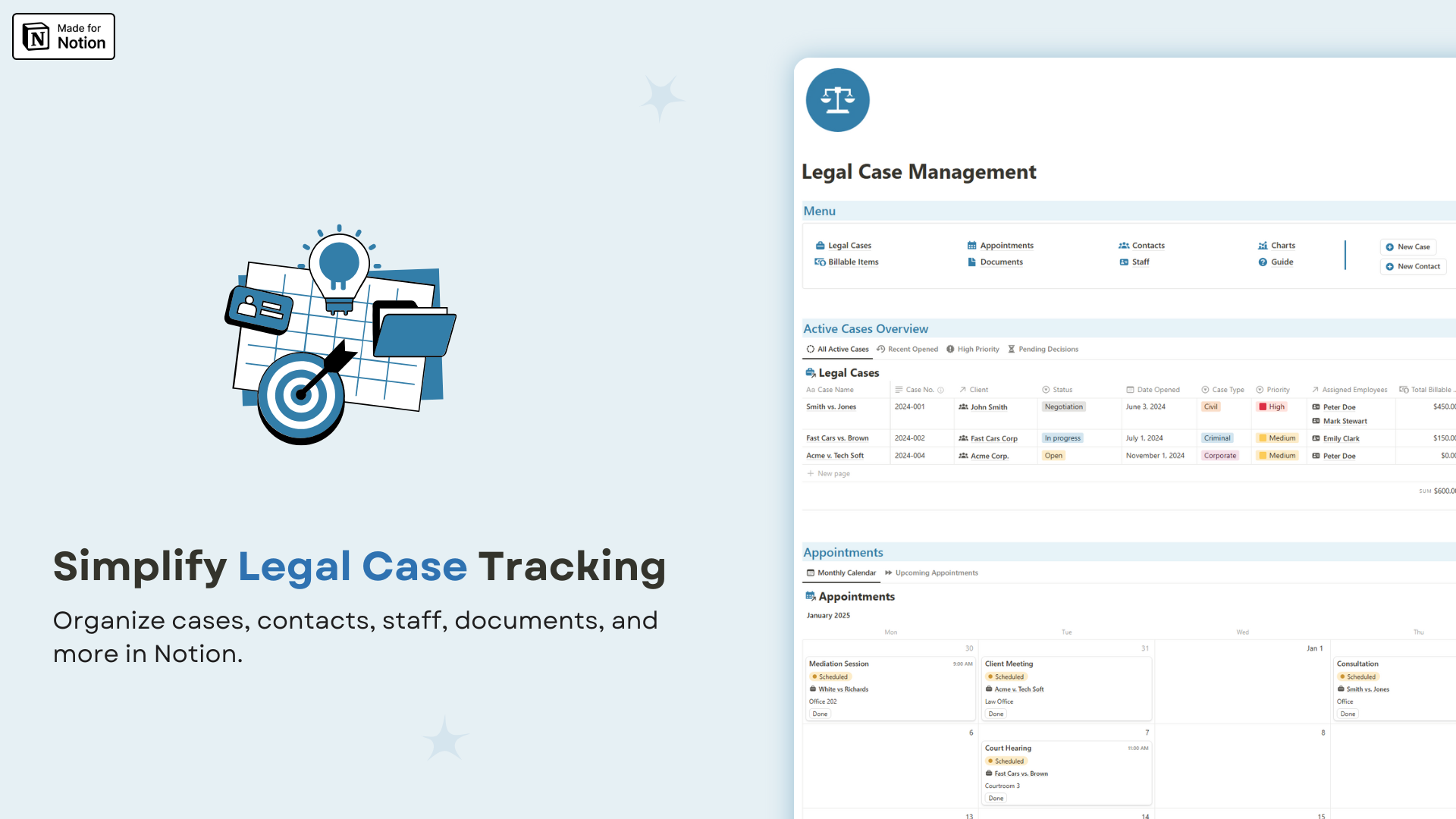 Legal Case Management and Billing Items Tracking Notion template