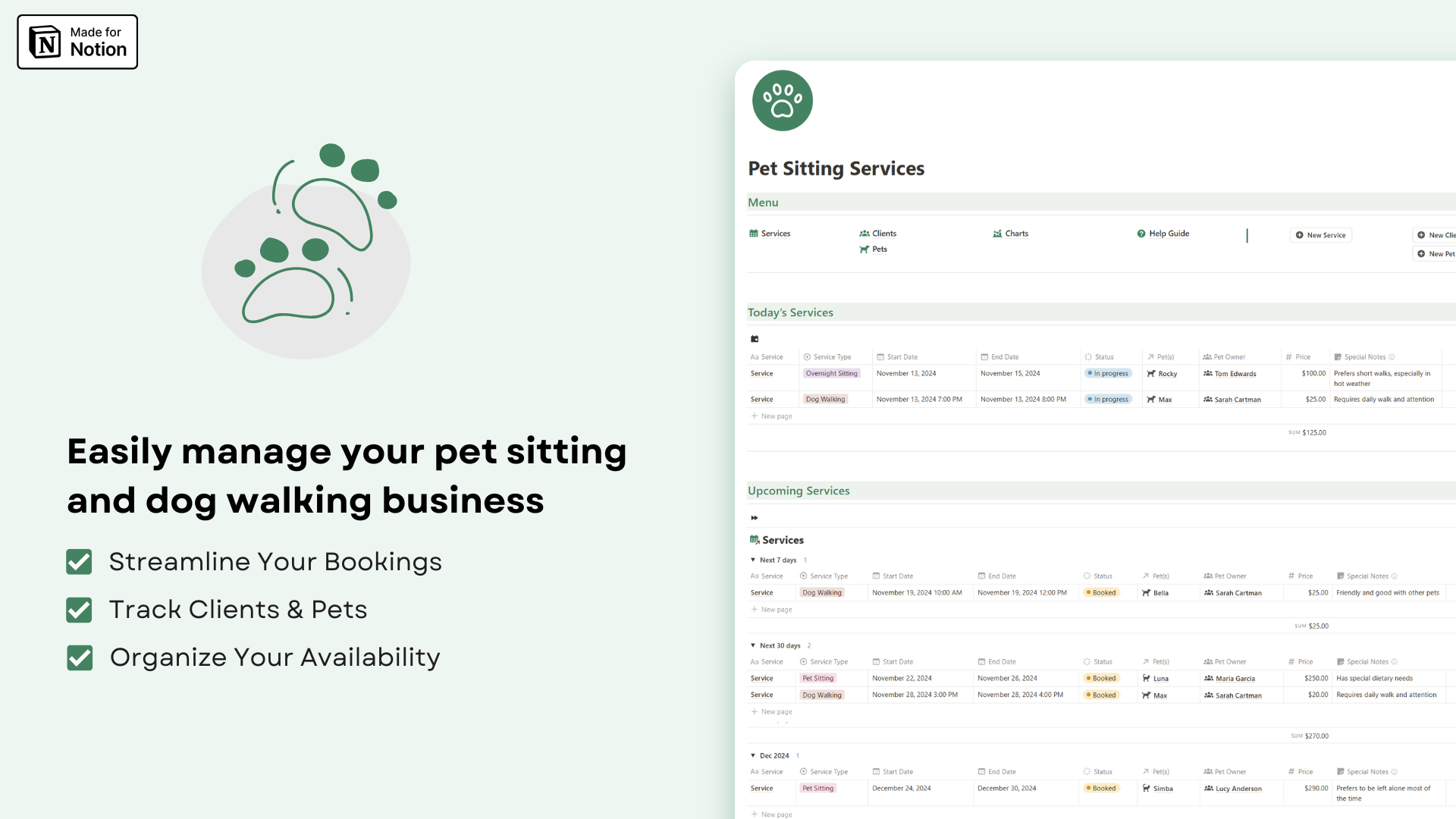 Pet Sitting Services Notion template