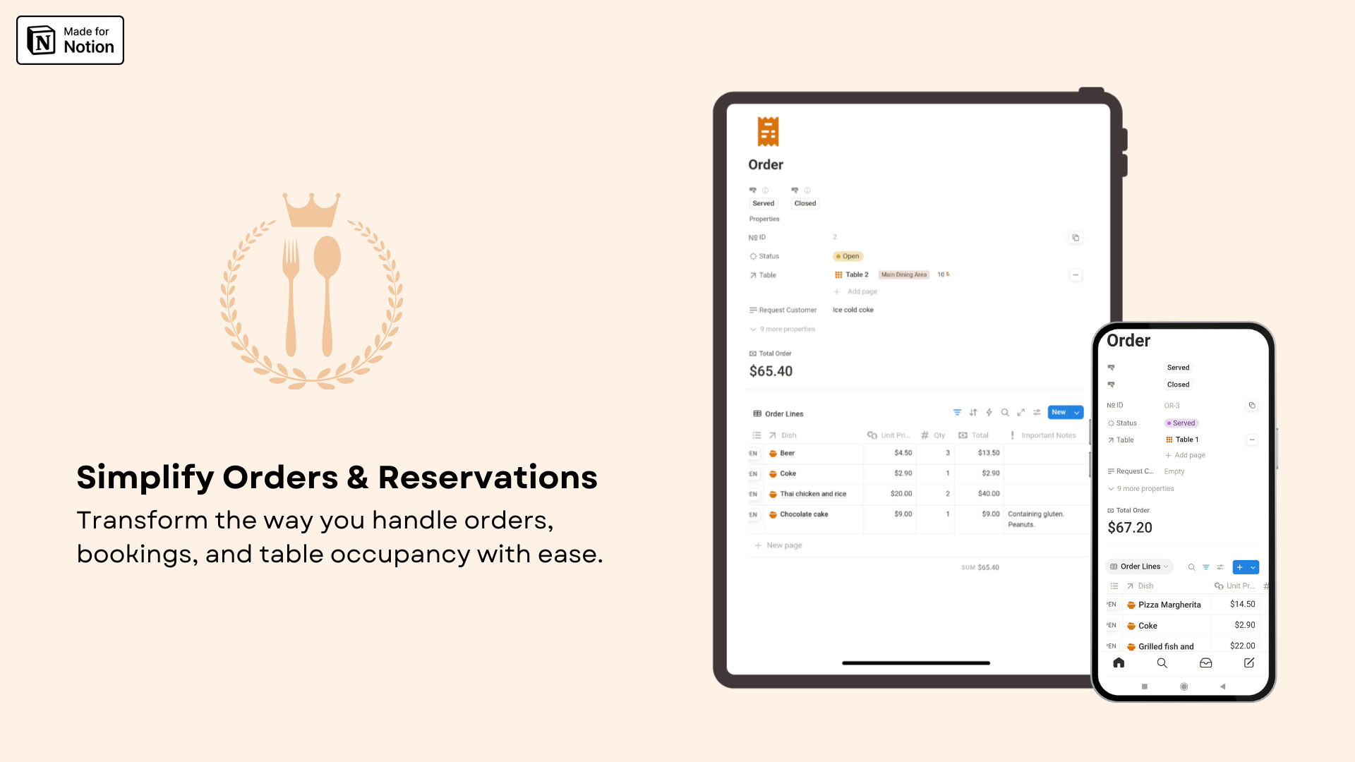 Restaurant Orders and Reservations Notion template