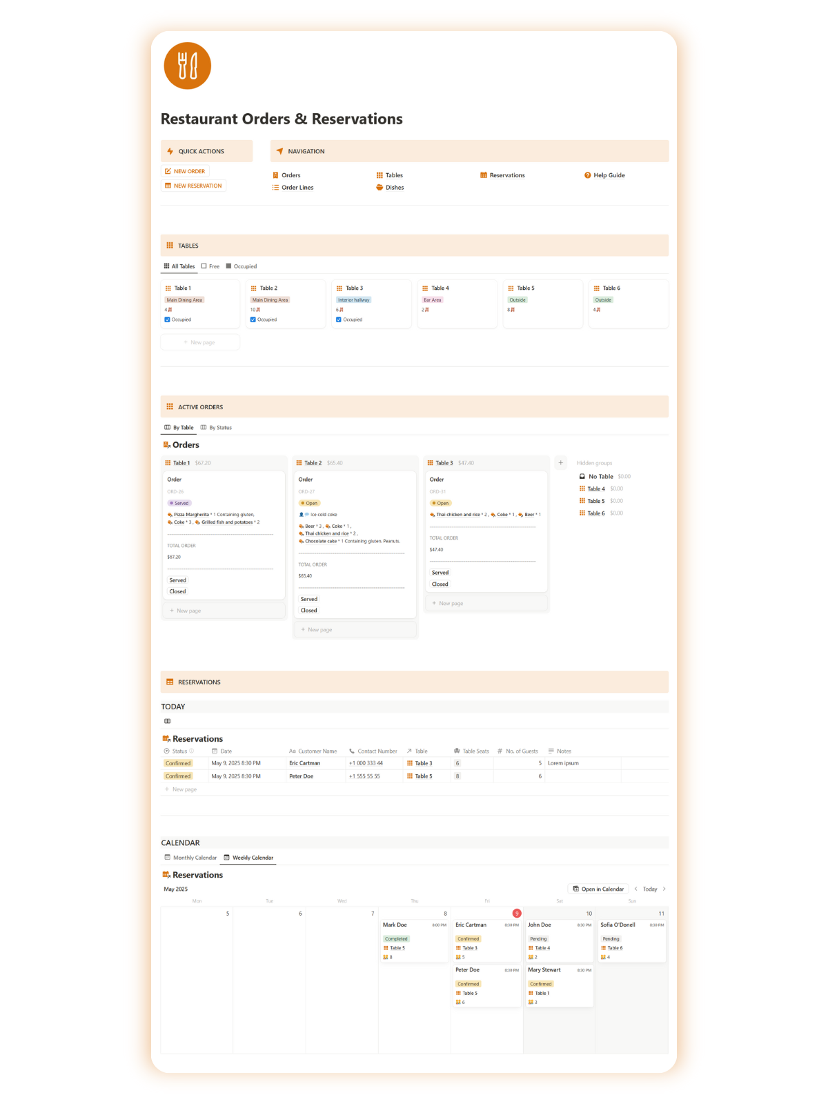 Restaurant Orders & Reservations Notion template