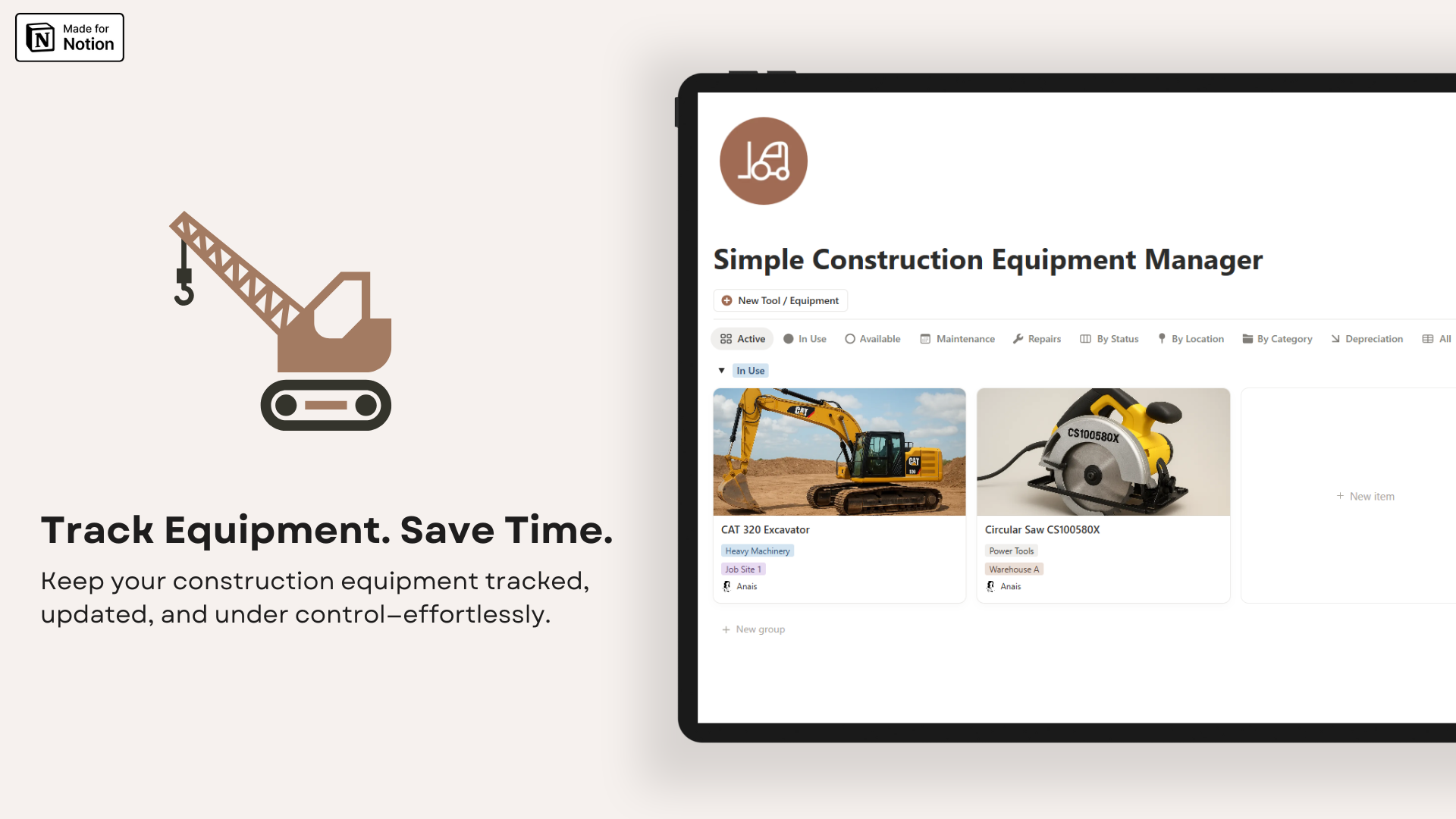 Simple Construction Equipment Manager Notion template