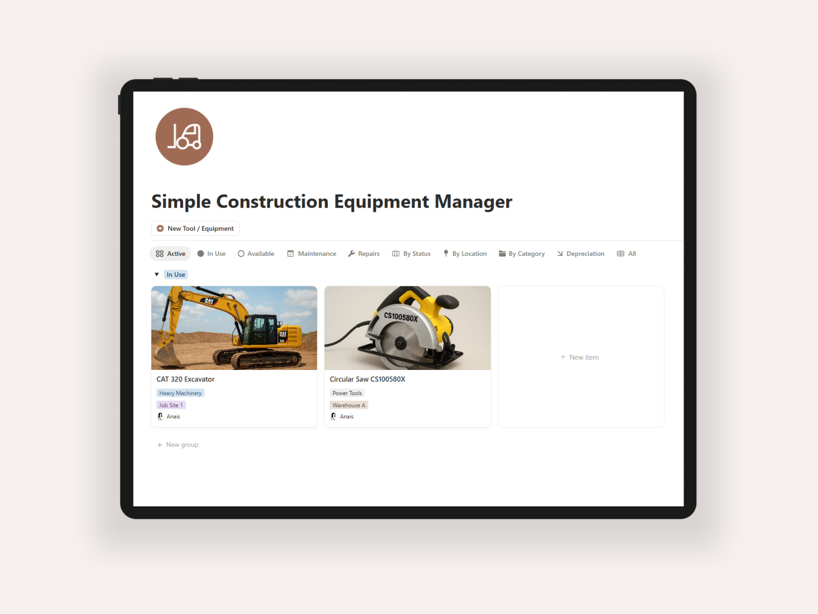 Simple Construction Equipment MAnager Notion template