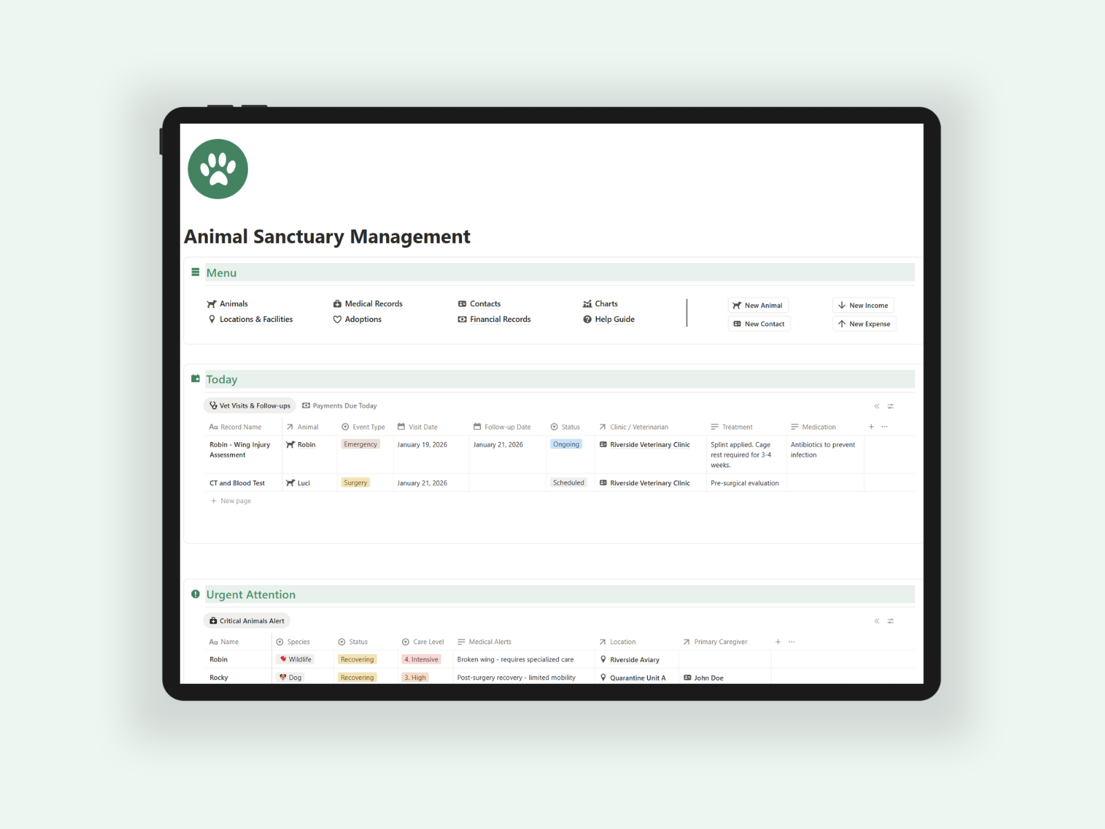 Animal Sanctuary Management Notion Template